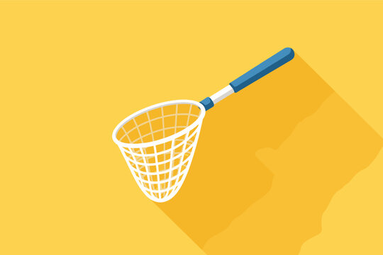 Flat Design Fishing Net Icon with Long Shadow on a Bright Yellow Background, Minimalist Vector Illustration of a Landing Net for Fishing, Butterfly Catching, and Outdoor Hobby Equipment