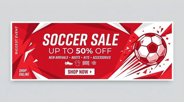 Soccer sale banner, Up to 50% off new arrivals on sport boots, accessories 