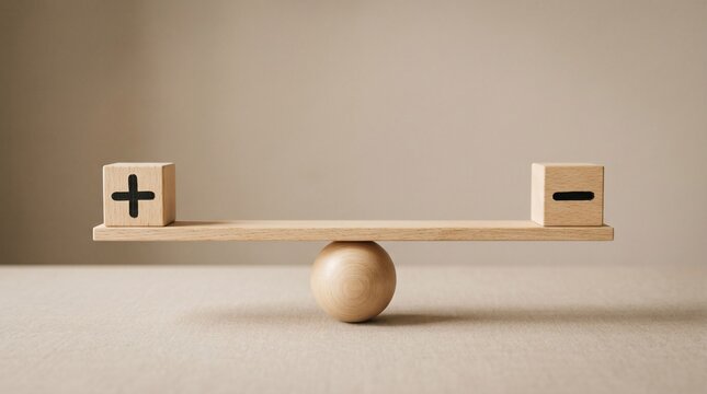 Balanced Perspective: A wooden balance scale with positive and negative symbols illustrates the art of equilibrium. Evoking a sense of fairness, assessment, and the quest for resolution.