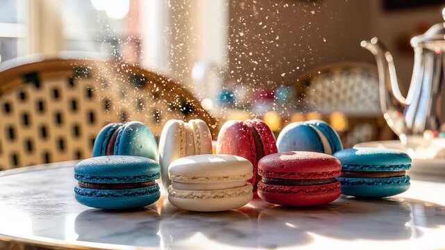 Colorful macarons arranged on marble tabletop in cozy cafe setting