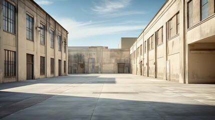 Obraz premium Industrial buildings with many windows line an empty concrete alley, creating long shadows under a clear blue sky, evoking a sense of calm and urban solitude