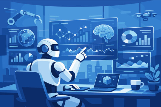 Robot analyzing complex big data with artificial intelligence in a futuristic office workspace, featuring digital screens, charts, brain icon, robotic arm, and drone, flat vector illustration.
