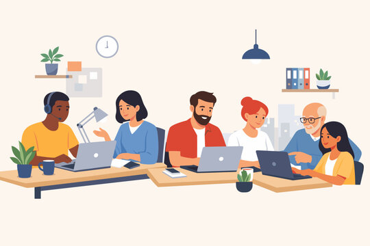 Diverse group of professionals working on laptops at modern desks in a clean office environment. Team of men and women of various ages collaborating in a bright, productive workspace. Vector art.
