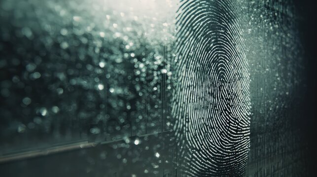 Human fingerprint clearly visible on a semi transparent surface, suggesting concepts of digital data security, privacy, forensic investigation, and individual identification