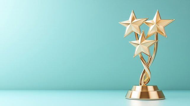 Gold stars stacking on light blue background representing customer review and quality rating product