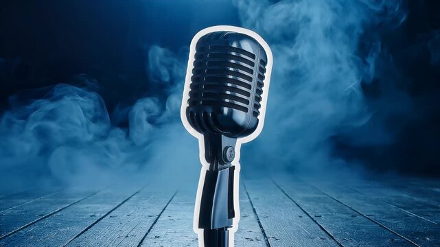 Vintage microphone on a dark wooden stage with blue smoke