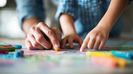 Obraz premium Chalk Art Together: A tender moment unfolds as a hand guides a child's hand while creating vibrant chalk art on a surface. It embodies learning and the beauty of shared experience.