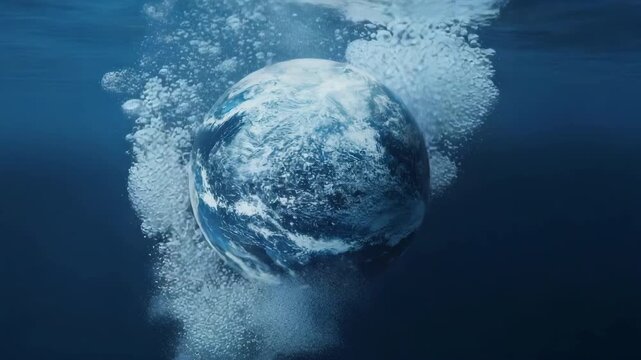Planet earth emerging under water with surrounding bubbles and spray