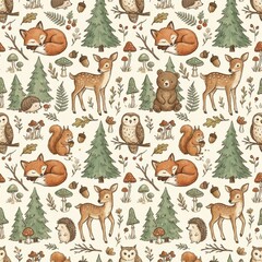 Naklejka premium Woodland Baby Pattern Featuring Animals and Plants in a Playful Arrangement Created With High Fidelity and Attention to Detail