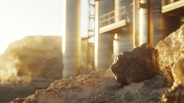 Industrial site processing raw materials with large structural elements visible against a warm sunset, creating an atmospheric scene of modern extractive industry