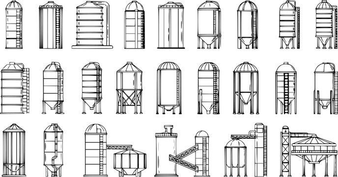 Set of various industrial and agricultural silos, grain elevators, and storage tanks in detailed line art.