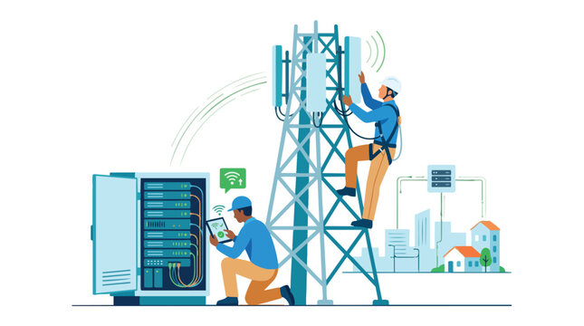 Professional diverse telecom workers installing and maintaining 5G cellular network infrastructure with a technician on a tower and another engineer checking server equipment