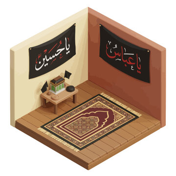 Isometric illustration of a Shia Muslim prayer room with banners of Imam Hussain and Hazrat Abbas.