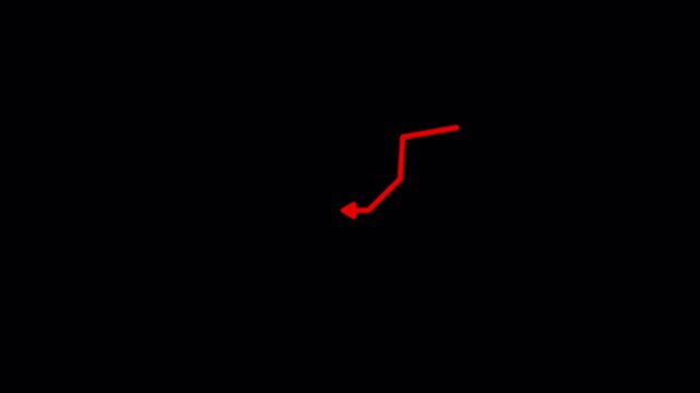 Red downward and fluctuating arrow graph on black background,4K video