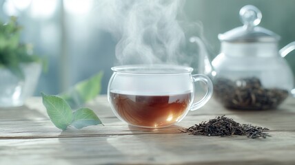 Fototapeta premium Steaming hot aromatic black tea in a glass cup, freshly brewed tea from a transparent teapot, healthy warm beverage