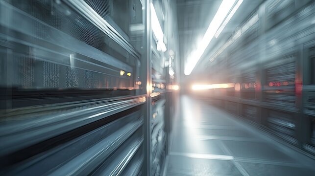 Server room aisle motion blur fast data flow