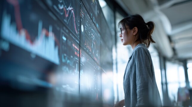 Analyst's Vigil: A focused analyst examines financial data displayed on multiple screens, her determination and expertise evident as she navigates the complexities of the market.