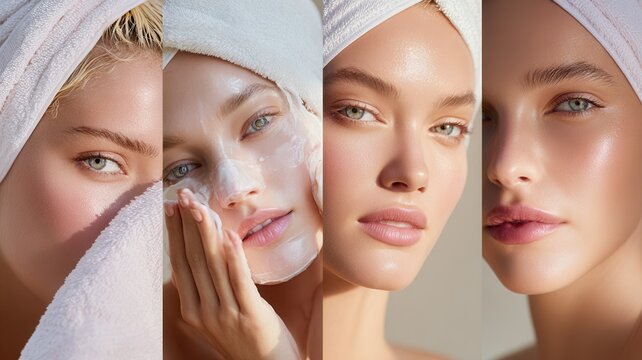 Woman following a skincare routine, applying a facial mask for beautiful, glowing skin healthy