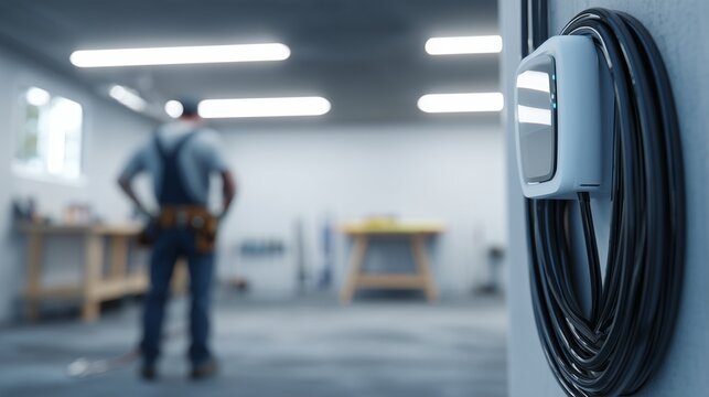 Wall mounted ev charger with coiled cable in a garage, technician in background evaluating home installation and setup.