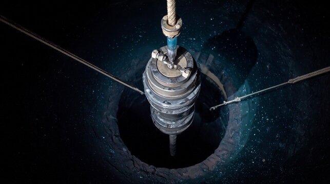 Submersible water pump suspended on cable and lowered into a deep barehole for well installation or extraction.