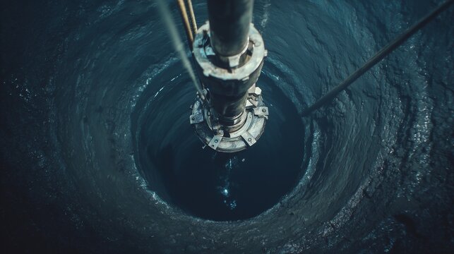 Vertical drilled well shaft with lowering pump and cable into dark groundwater for well maintenance and water extraction.