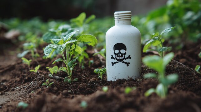 Plastic bottle with skull symbol among small plant in soil representing soil contamination toxicology and pesticide pollution risk.