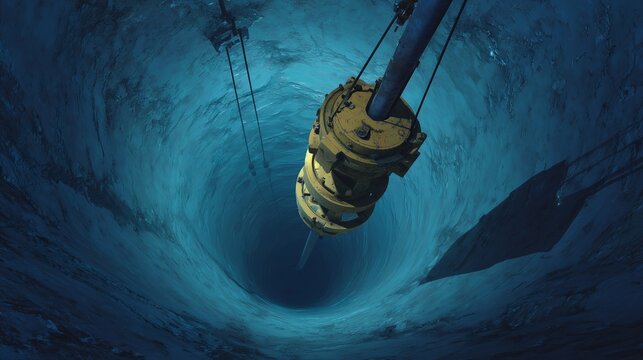 Submersible water pump being lowered into deep well for repair and maintenance, rope, casing and water surface visible, conveying inspection and service.