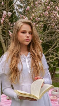 Young girl in white dress reading a book under blooming magnolia trees