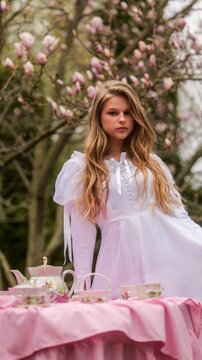 Young girl in a white dress having a tea party under blooming magnolia trees