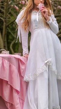 Young woman in white dress smelling a pink magnolia flower near a table