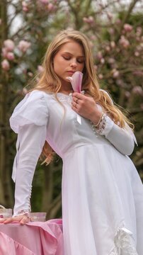Young woman in white dress smelling a pink magnolia flower in a garden