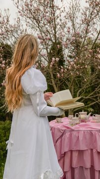 Young girl in white dress reading a book near a blooming magnolia tree and tea set
