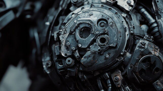Industrial robot arm's intricate mechanical components and metallic textures highlighting advanced engineering and futuristic artificial intelligence concepts