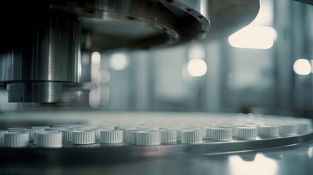 White bottle caps moving on packaging line