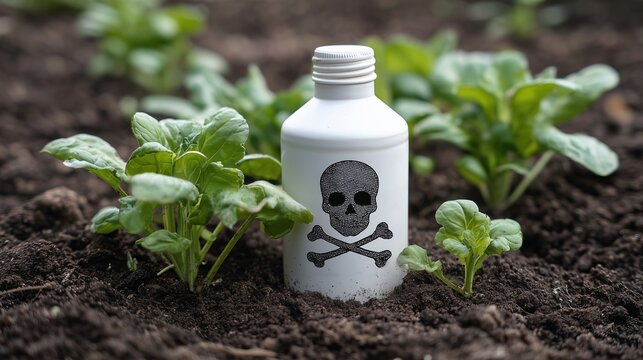 Small bottle with skull symbol placed in garden soil near young plant, symbolizing soil contamination toxicology and pesticide poisoning risk.