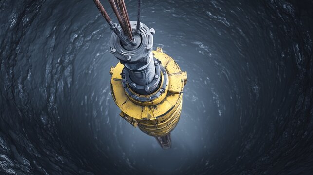 Top view of a submersible pump lowered into a deep well shaft for water system inspection and repair, showing cable, pump housing, and surrounding water column.