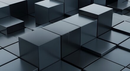 Obraz premium A close-up view of a cluster of shiny black cubes arranged on a grid floor in a dark environment.