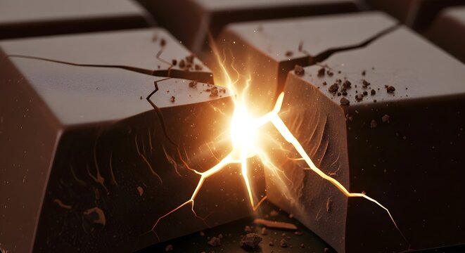 High intensity explosion of light with sparks breaking through a dark cracked surface, energy and power concept.
