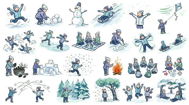 A charming watercolor illustration depicting various winter activities and scenes, showcasing children enjoying the snow with playful interactions and outdoor fun.