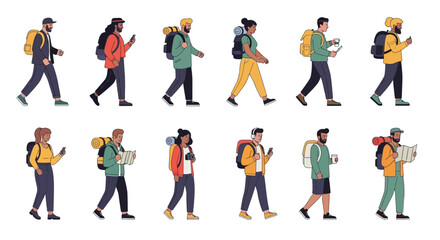 Fototapeta premium Diverse travelers with backpacks walking and using phones
