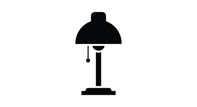 A simple black silhouette of a classic desk lamp with a hanging pull chain silhouette