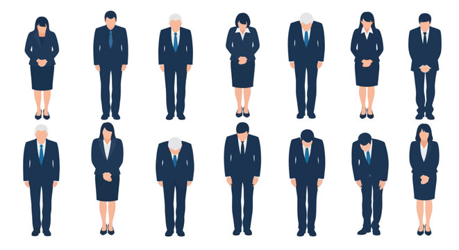 Business people bowing in unison, diverse group in navy suits