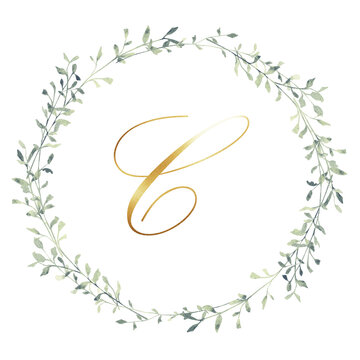 Watercolor gold letter B inside a delicate greenery wreath. Elegant botanical monogram for wedding invitations, logos, branding, greeting cards and printable wall art.