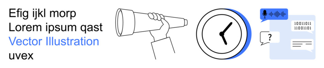 Time management, information search, communication, productivity, exploration, decision-making. Hand holding a telescope, clock message icons. Time management and information search concept © robu_s