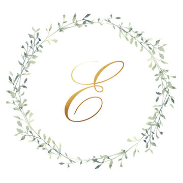 Watercolor gold letter B inside a delicate greenery wreath. Elegant botanical monogram for wedding invitations, logos, branding, greeting cards and printable wall art.