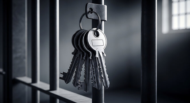 A set of keys hanging on a jail cell bar, symbolizing freedom and opportunity