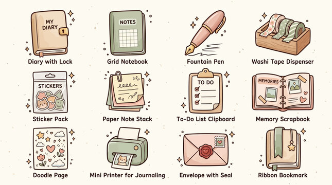 A charming collection of cute stationery and journaling supplies, perfect for creative expression and organization.