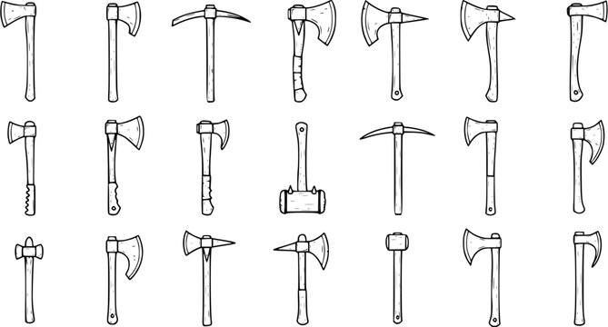 Axe Collection Line Art, Vector Illustration of Various Axes and Pickaxes