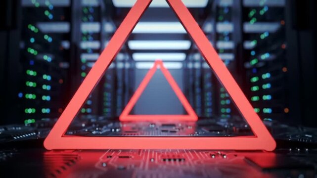 Red neon warning symbol on a motherboard in a futuristic server room representing cyber security alert