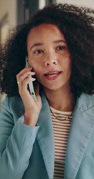 Business, phone call and woman with tablet in office for research, client communication and real estate. Realtor, person and tech with conversation for property, online inquiry and resale listing